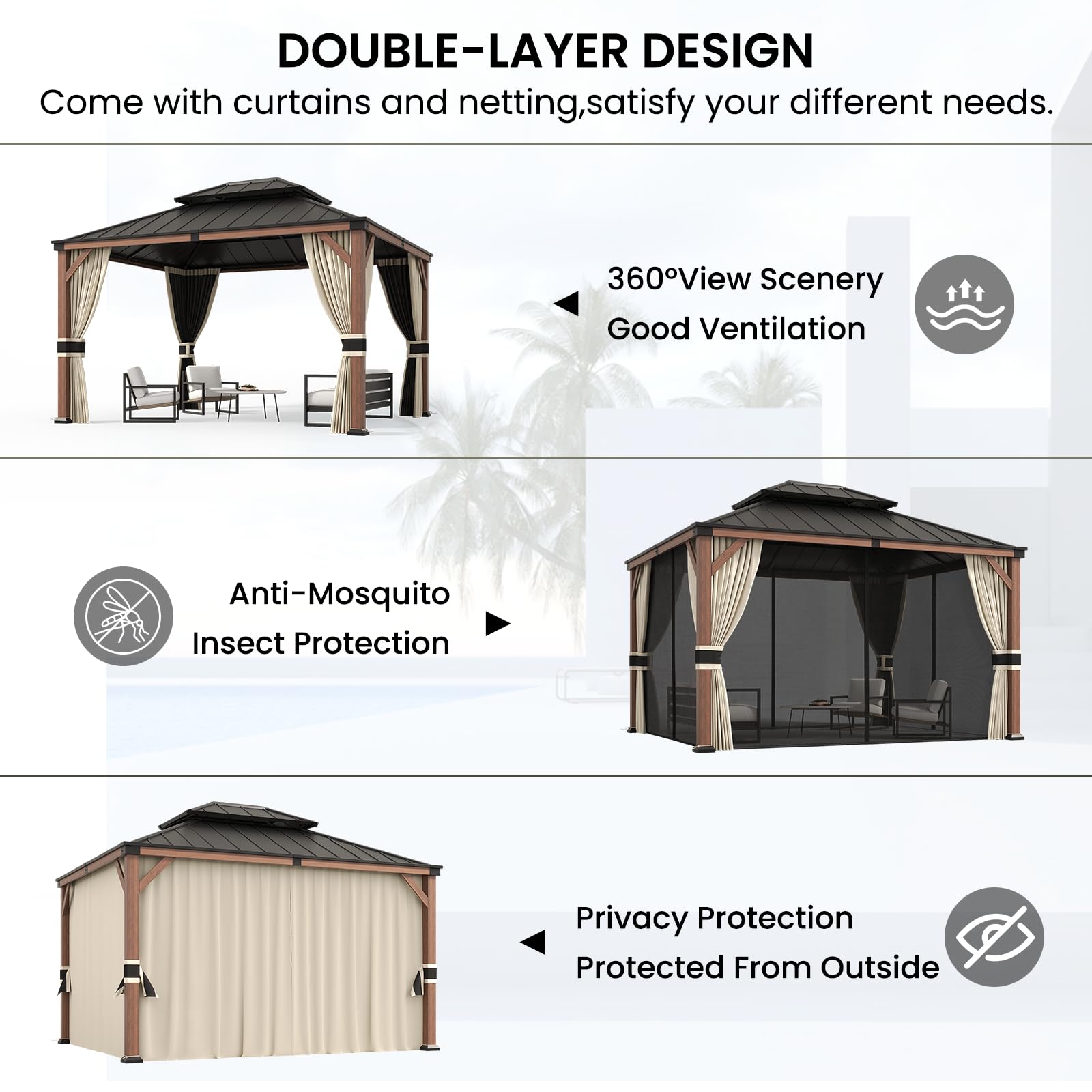 Amopatio 10' X 12' Wood Gazebo, Hardtop Gazebos with Galvanized Steel Double Roof, Metal Outdoor Permanent Aluminum Gazebo for Patio Deck Backyard - WoodArtSupply