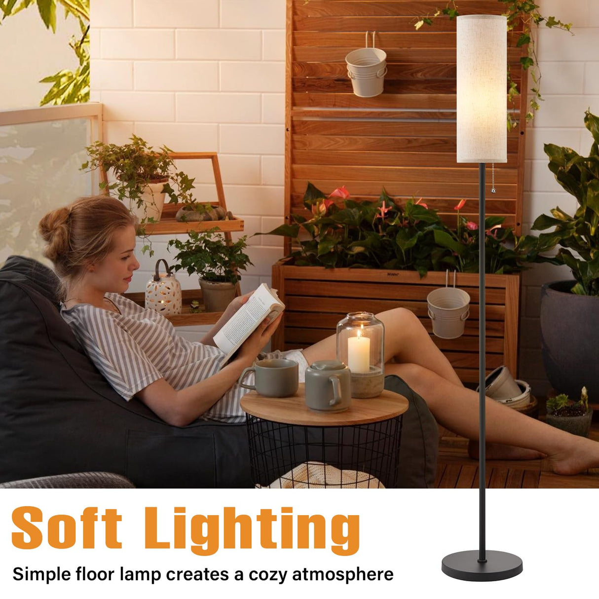 Ambimall 64'' Floor Lamp for Living Room with Bulb - Tall Lamps with Beige Lampshade & Pull Chain Switch, Pole Lamps for Bedrooms Tall, Minimalist Floor Lamp Ambimall