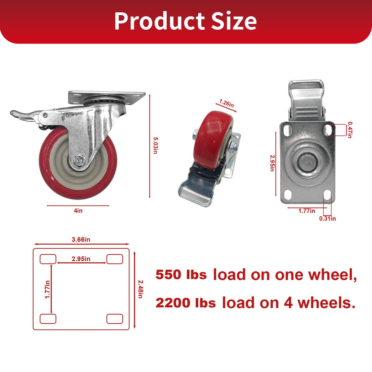 Htudcoue 8 Pcs 4 Inch Heavy Duty Casters, (4 casters Load Capacity 2200 lbs) Lockable Swivel Bearing Caster with Brakes for Workbenches, Shelves, Carts, Etc. Htudcoue