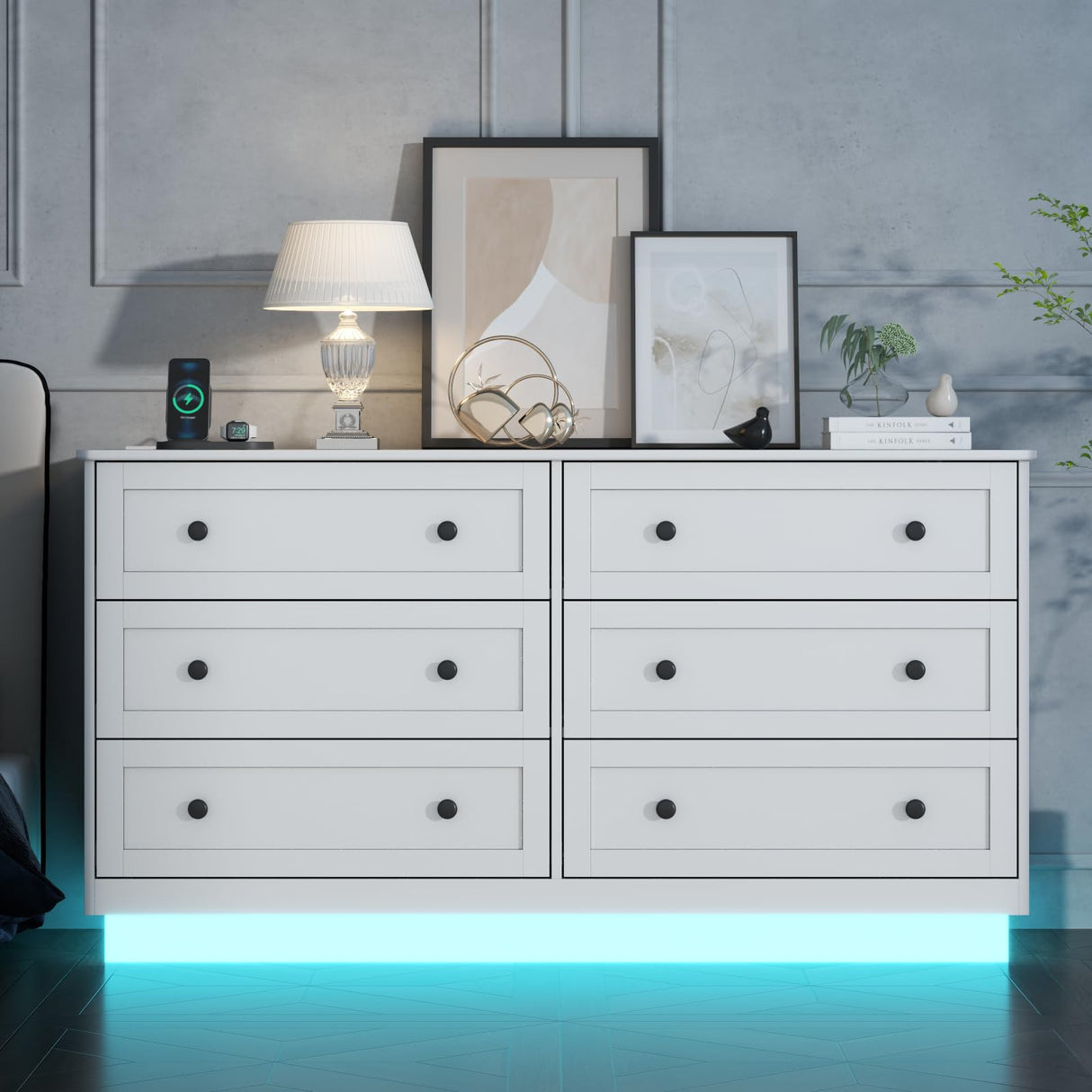 Loomie 6 Drawer Dresser, Modern Drawer Chests with Power Outlet and Led Light, Wide Chest of Drawers for Storage and Organization, White Dresser for Bedroom, Living Room, Closets, Entryway Loomie