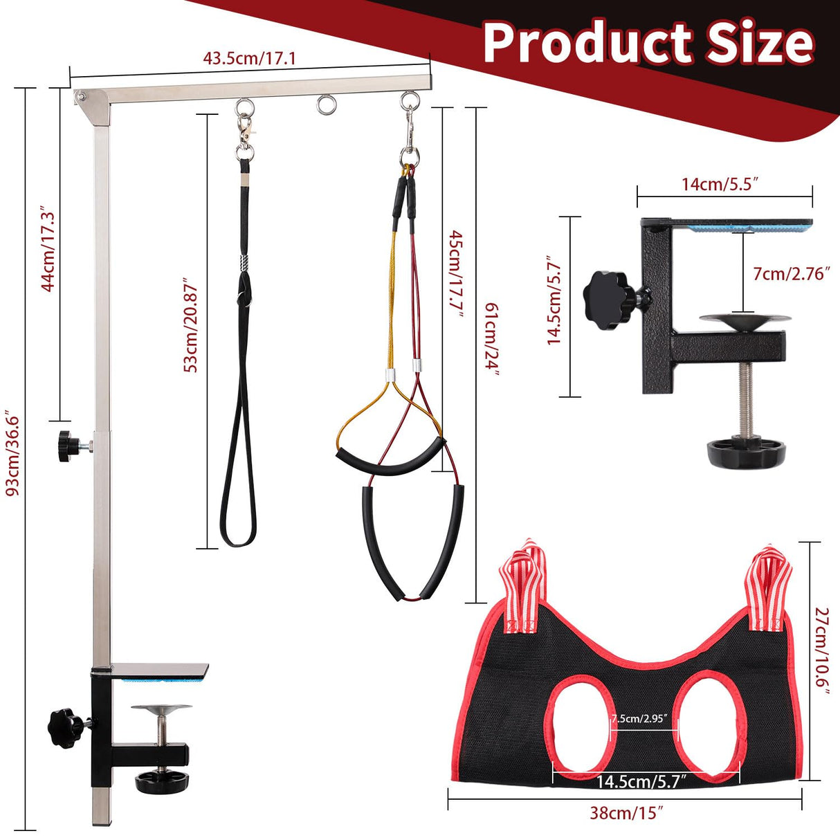 Dog Grooming Table Arm with Hammock - Adjustable Height, Pet Grooming Hammock, No Sit Haunch Holders, Loop Noose Heavy-Duty Clamp (Stainless Steel) Phenfor