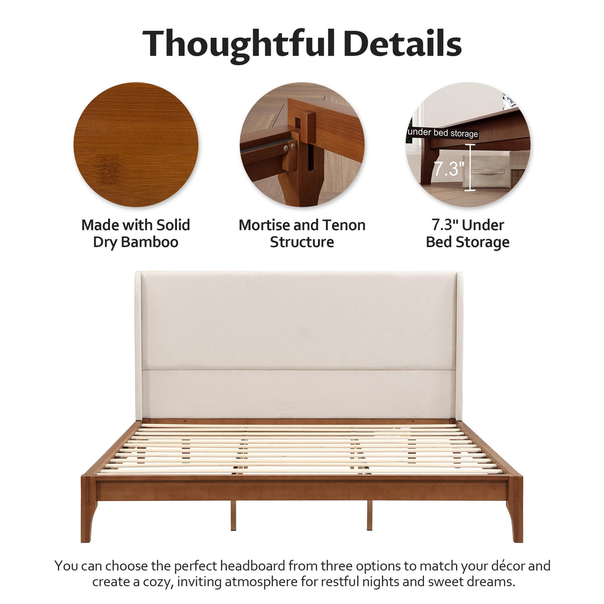 Merax King Size Bamboo Platform Bed, Mid-Century Bed Frame with Tall Upholstered Headboard, Wood Slat Support, No Box Spring Needed, Easy Tool-Free Assembly, Beige+Brown Merax