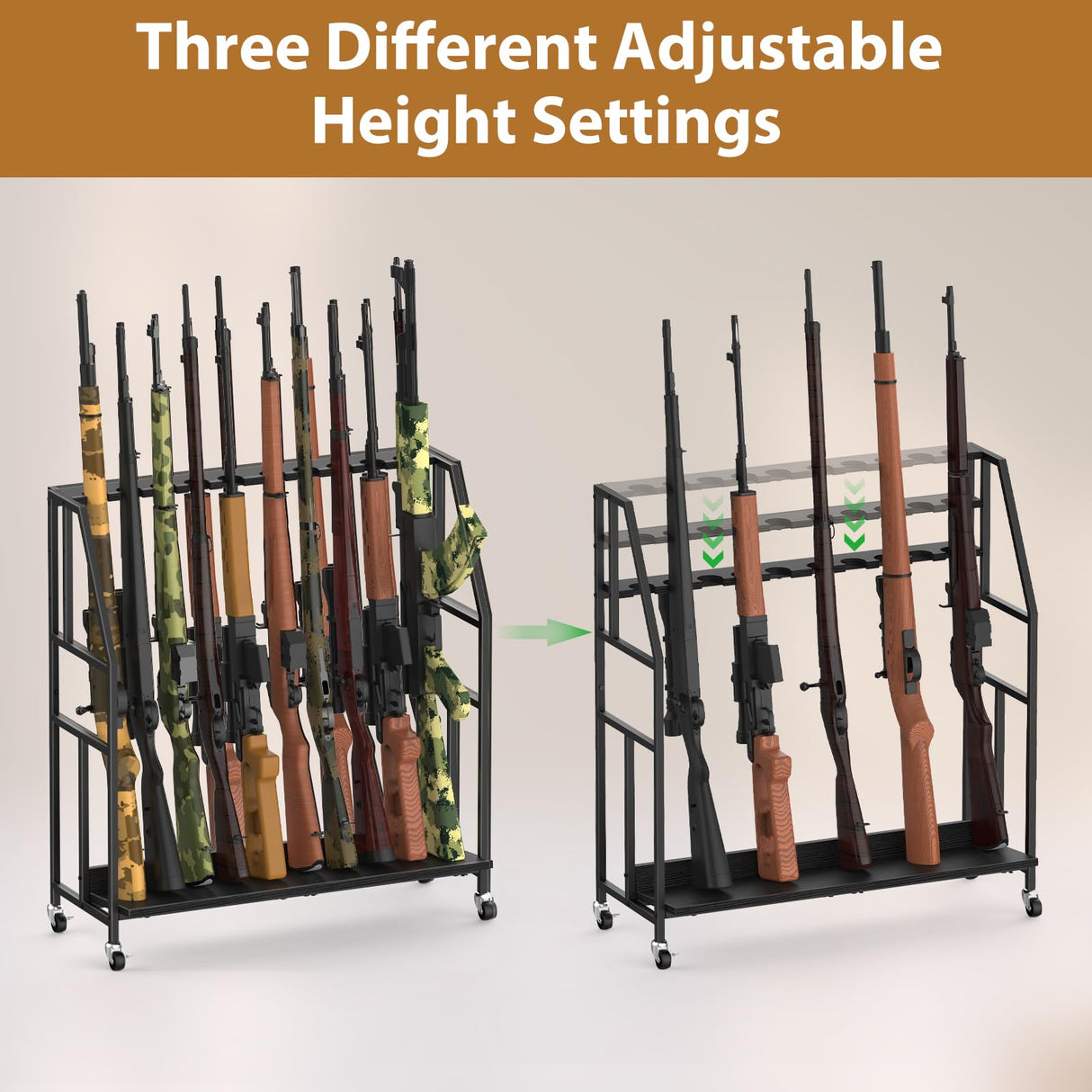 Gun Rack, Freestanding Floor Gun Stand with Metal Frame and Wheels, Wooden Adjustable Shotgun Rack Holds up to 10 Long Guns, Rifle Display Stand Storage Holder Indoor for Home Garage, Black HEOMU