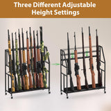 Gun Rack, Freestanding Floor Gun Stand with Metal Frame and Wheels, Wooden Adjustable Shotgun Rack Holds up to 10 Long Guns, Rifle Display Stand Storage Holder Indoor for Home Garage, Black HEOMU