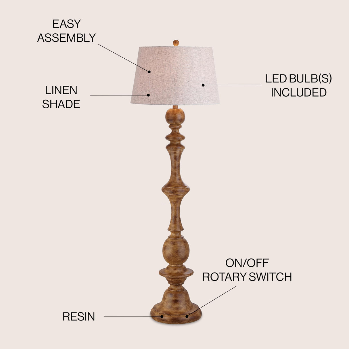 JONATHAN Y JYL3000A Taylor 67" Resin LED Floor Lamp, Farmhouse, Cottage, Rustic, French Country, Office, Living Room, Family Room, Dining Room, Bedroom, Hallway, Foyer, Brown JONATHAN Y