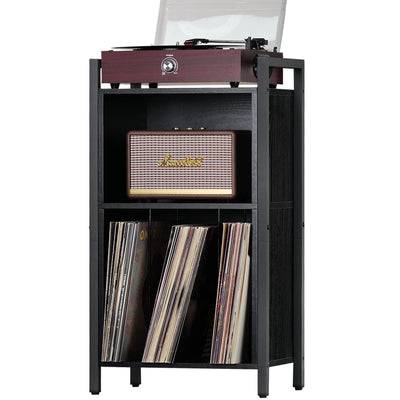 YAHARBO Record Player Stand, 3-Shelf Black Vinyl Record Holder with Storage, Record Stand, Vintage Turntable Stand Holds Up to 100 Albums, Record Table with Handle for Living Room, Bedroom, Office