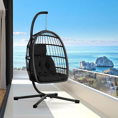 CHABATREE Egg Chair with Stand,Patio Rattan Wicker Hanging Swing Egg Chair Hammock Chair for Bedroom Porch Garden,Thickened Aluminum Alloy Steel Frame and UV Resistant Cushion,350LBS Capacity