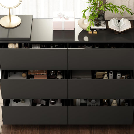 TAMUNE L-Shaped Dressing Table with 6 Drawers, Extendable Vanity Desk and Dresser Combo, Wood Vanity Dresser Makeup Desk, Wide Desktop for Bedroom Dressing Room Black (51.2”W x 47.2”D x 32.7”H) TAMUNE