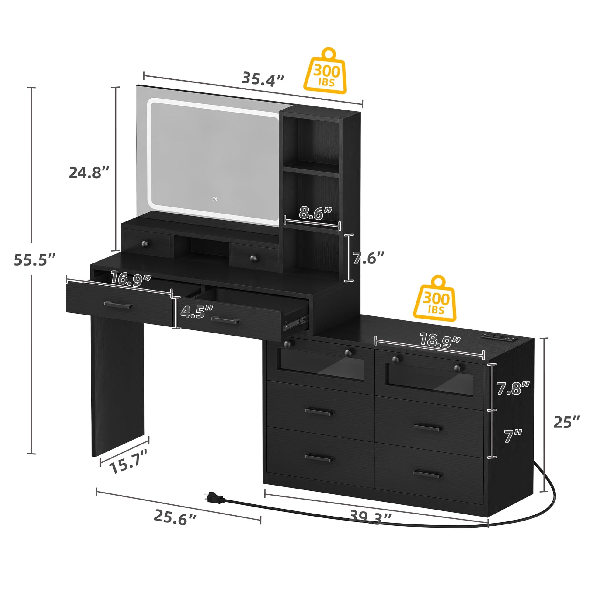 DWVO Vanity Desk with Mirror - RGB LED and Charging Station, Large 65" Make up Vanity Mirror with 3 Lights Mode and Brightness Adjusted, Large Storage Space-10 Drawers, 4 Storage Shelves, Bla - WoodArtSupply