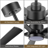 ELEHINSER 60" Modern Ceiling Fan with Lights and Remote Control, 5 Solid Wood Blades 6-Speed Noiseless Reversible DC Motor, Ceiling Fan for Bedroom Dinning Living Room, Black ELEHINSER