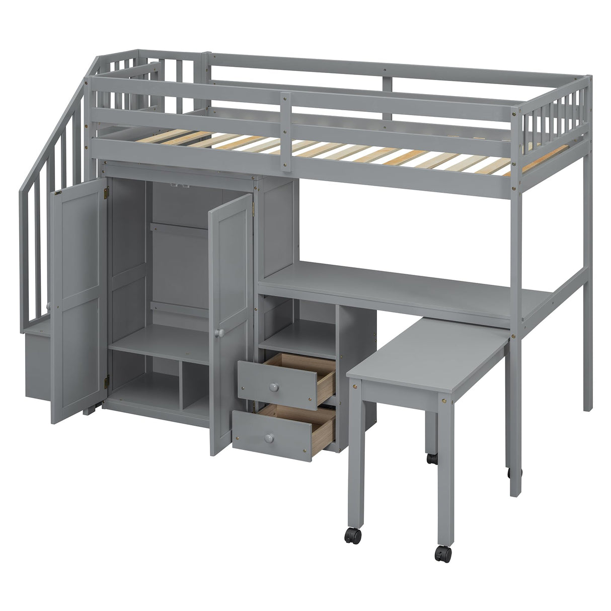 Harper & Bright Designs Twin Size Loft Bed with Stairs and Bookshelf, Wood Twin Storage Bed with Desk & Wardrobe, Space-Saving Multifunctional Furniture for Kids & Teens - Gray Harper & Bright Designs