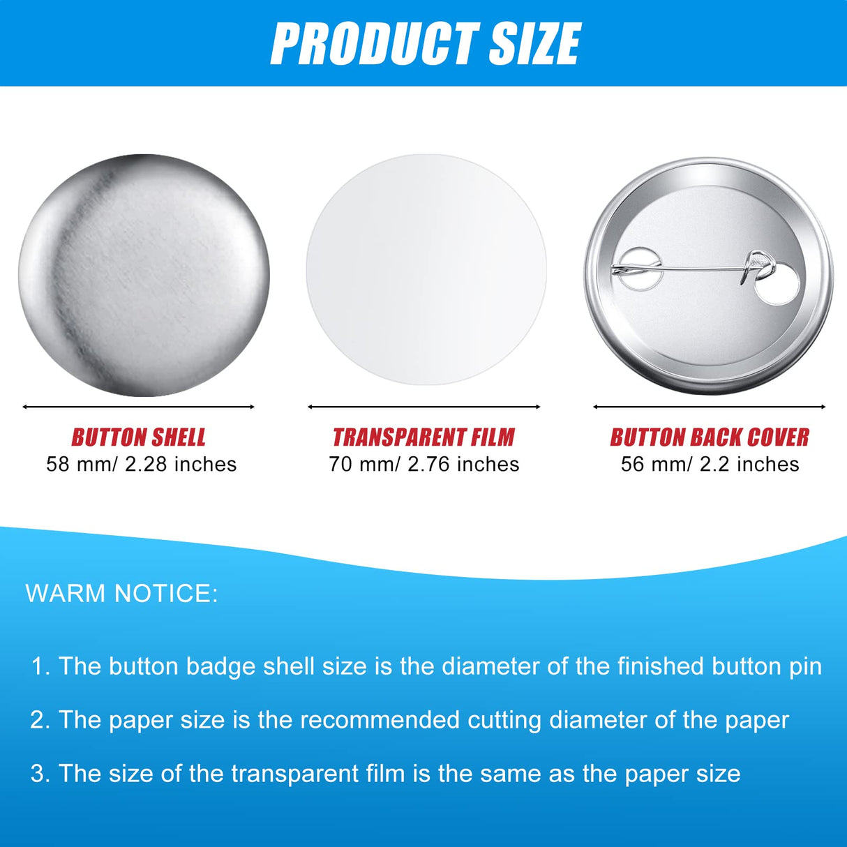 300 Pieces Blank Button Making Supplies Round Badge Button Parts Metal Button Pin Badge Kit for Button Maker Machine, Including Metal Shells Back Cover and Clear Film (Tinplate,2.28 Inch) Hicarer