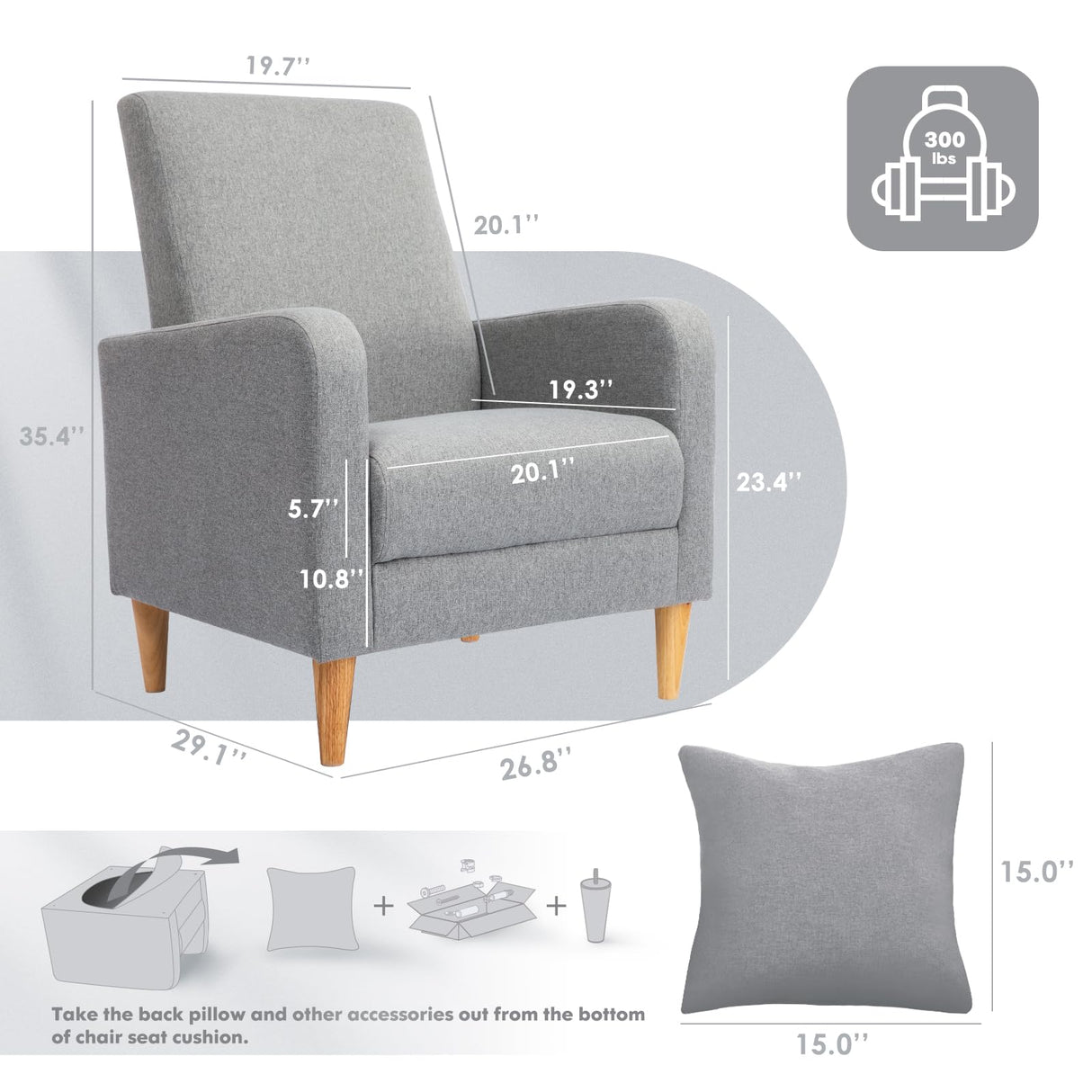 COLAMY Modern Upholstered Accent Chair Armchair with Pillow, Fabric Reading Living Room Side Chair,Single Sofa with Wood Legs, Light Grey COLAMY