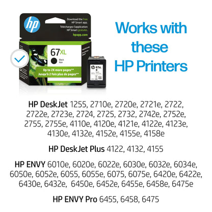 HP 67XL Black High-yield Ink Cartridge | Works with HP DeskJet 1255, 2700, 4100 Series, HP ENVY 6000, 6400 Series | Eligible for Instant Ink | One Size | 3YM57AN