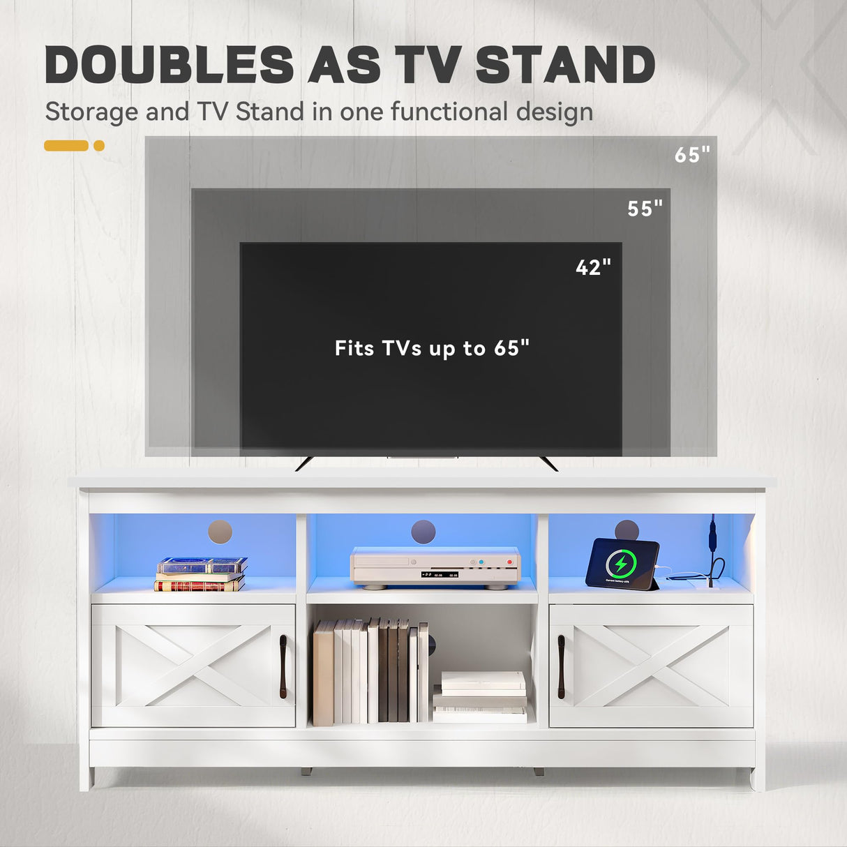 YITAHOME TV Stand for 65 Inch TVs, Entertainment Center with Storage Cabinets, Power Outlet & LED Light, Media Console Living Room Furniture, White YITAHOME