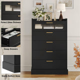 HOSTACK Modern 5 Drawer Dresser, Tall White Dresser Chest of Drawers with Gold Handles, Wood Dresser Storage Cabinet with Anti-Drop Fence & Fluted Glass for Living Room, Hallway, Entryway, Black HOSTACK