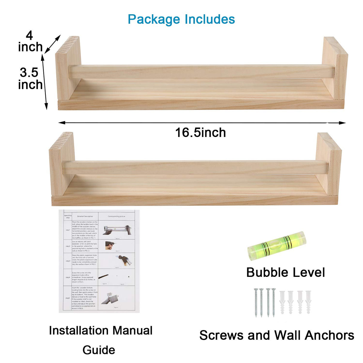 JORIKCHUO Nursery Book Shelves, Set of 2 Wood Floating Book Shelves for Kids Room, Kitchen Spice Rack, or Rustic Wall Mounted Shelves for Farmhouse Bathroom Décor (Natural Wood) JORIKCHUO