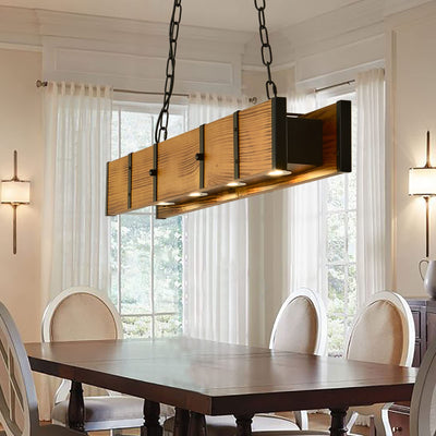 Rustic Wood Chandeliers, Wood Pendant Lighting with 4x5w LED 3 Color Change Light, Farmhouse Rectangle Dining Room Chandelier Industrial Hanging Light for Kitchen Island Pool Table