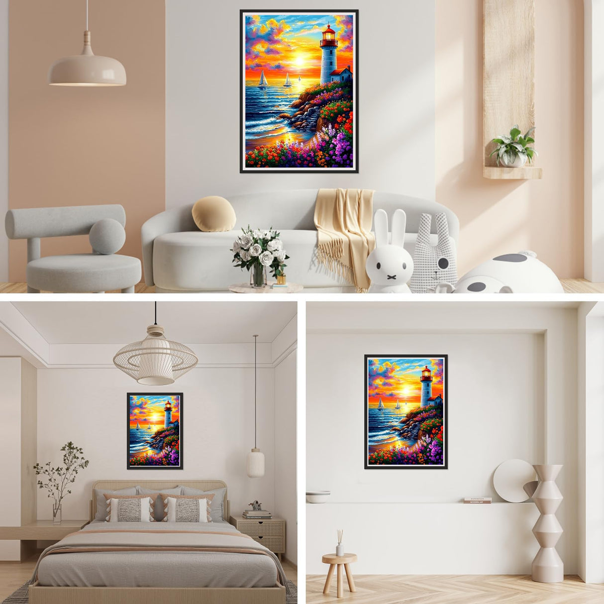 SENQAO Lighthouse Diamond Art Kits for Adults, Sunset Diamond Painting Kits for Beginners,Seaside Landscape Diamonds Pictures Gem Art for Adults Crafts Home Decor 12x16inch(Lighthouse,Waves, Flowers) SENQAO