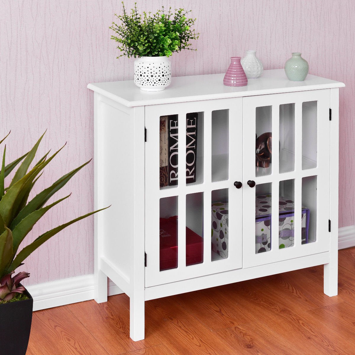 Tangkula Sideboard Buffet Storage Cabinet, Kitchen Storage Cabinet with 2 Glass Doors, Liquor Cabinet for Home Kitchen Dining Room, Cupboard Console Table, Curio Cabinet (White) - WoodArtSupply