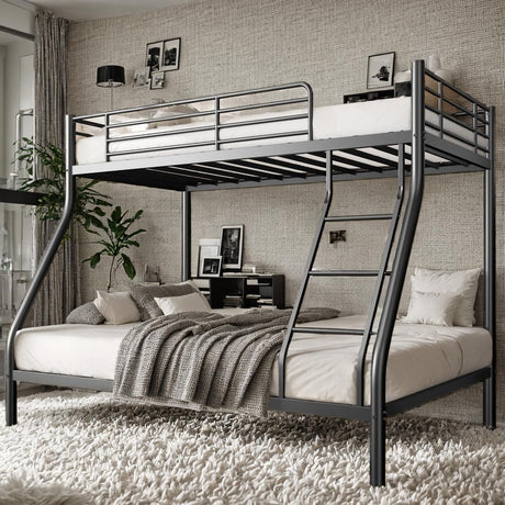 SDHYL Bunk Beds Twin Over Full Size, Heavy Duty Metal Bunk Bed Frame with Ladder & Guardrail, for Teens Adults, Space-Saving & No Box Spring Needed, Black SDHYL
