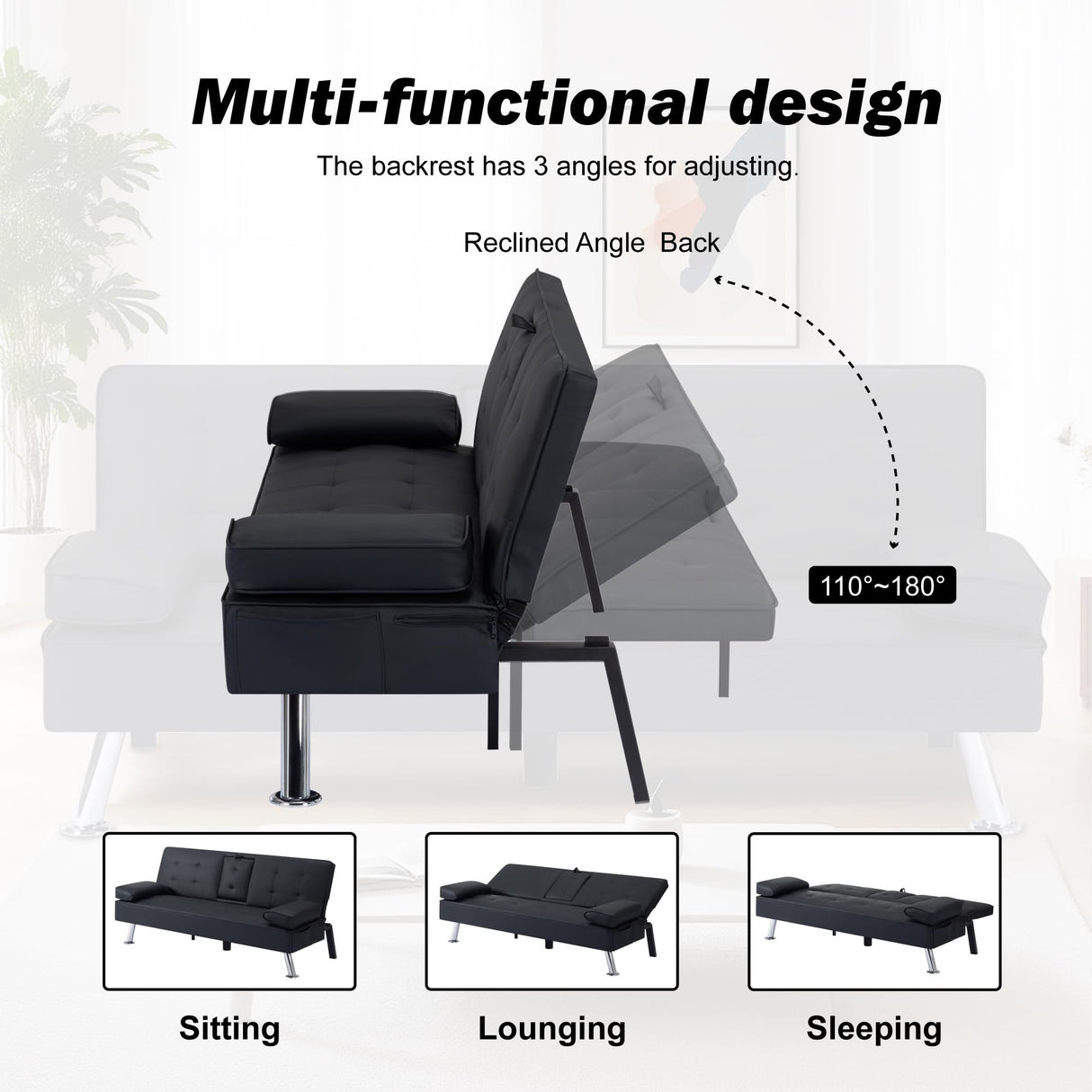 Convertible Loveseat Sofa Sleeper Couch Bed Adjustable PU Leather Upholstery Folding Recliner Sofá, Small 2-Seat Futon Sofa&Couch, Modern Accent Accent Couches with Cup Holders for Living Room Lyngins