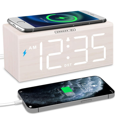 DreamSky Wooden Digital Alarm Clock with Wireless Charging for Bedroom, Bedside Nightstand Clock with Charger Station, USB Port, Large Numbers, Adjustable Volume, Brightness Dimmer, DST DreamSky