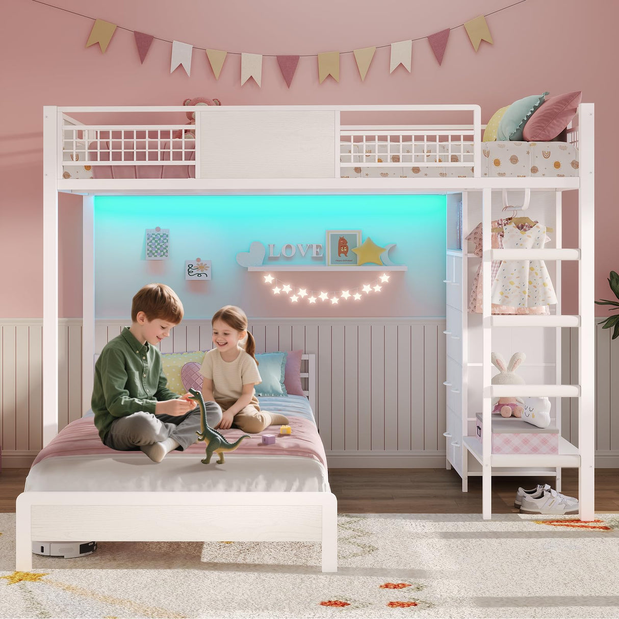 ADORNEVE Bunk Bed Twin Over Twin Size with 8 Storage Drawers, Twin Bunk Beds with Led Lights & Storage Shelves, Metal Loft Bed with 13.4" H Safety Guardrail & Ladder, for Kids & Teens, White ADORNEVE