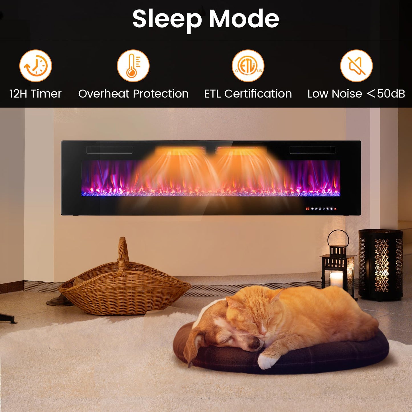 ORALNER 72” Smart WiFi Electric Fireplace, Ultra Thin Linear Recessed & Wall Mounted App Controlled Fireplace Heater with Adjustable Flame Color & Speed, Remote, 12 H Timer (72 INCHES)