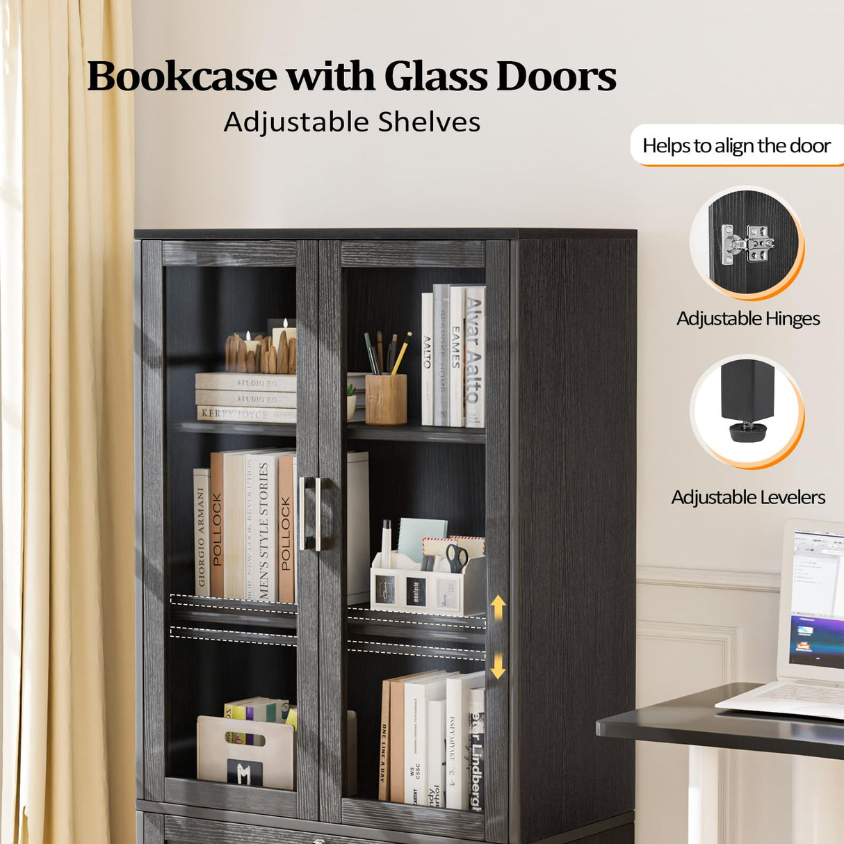 VINGLI Black Lateral File Cabinet with Glass Doors and Locking Drawer for Home Office Storage VINGLI