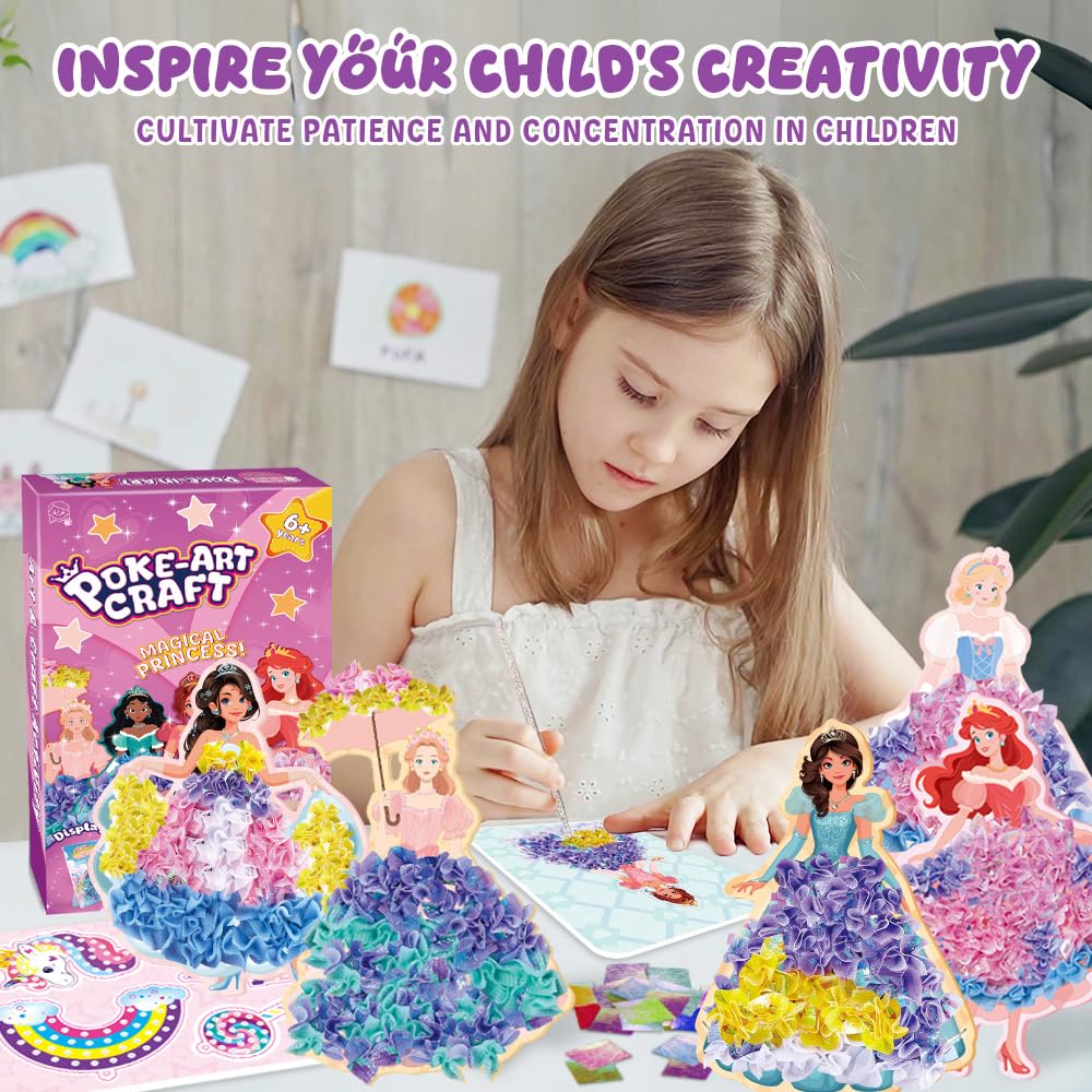 DREACAREFT Poke Art and Craft Kits Princess for Girls, 8 Princesses and 4 Accessories, Mess Free DIY Creative Activity, Birthday Gifts Toys for 5 6 7 8+ Year Old Girls DREACAREFT