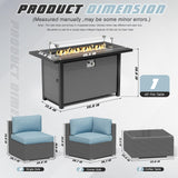 SUNCROWN Outdoor Patio Furniture Set 8 Piece Outdoor Sectional Sofa Grey Wicker Conversation Sofa Set with Coffee Table, Cushions and Fire Pit Table, Light Blue SUNCROWN