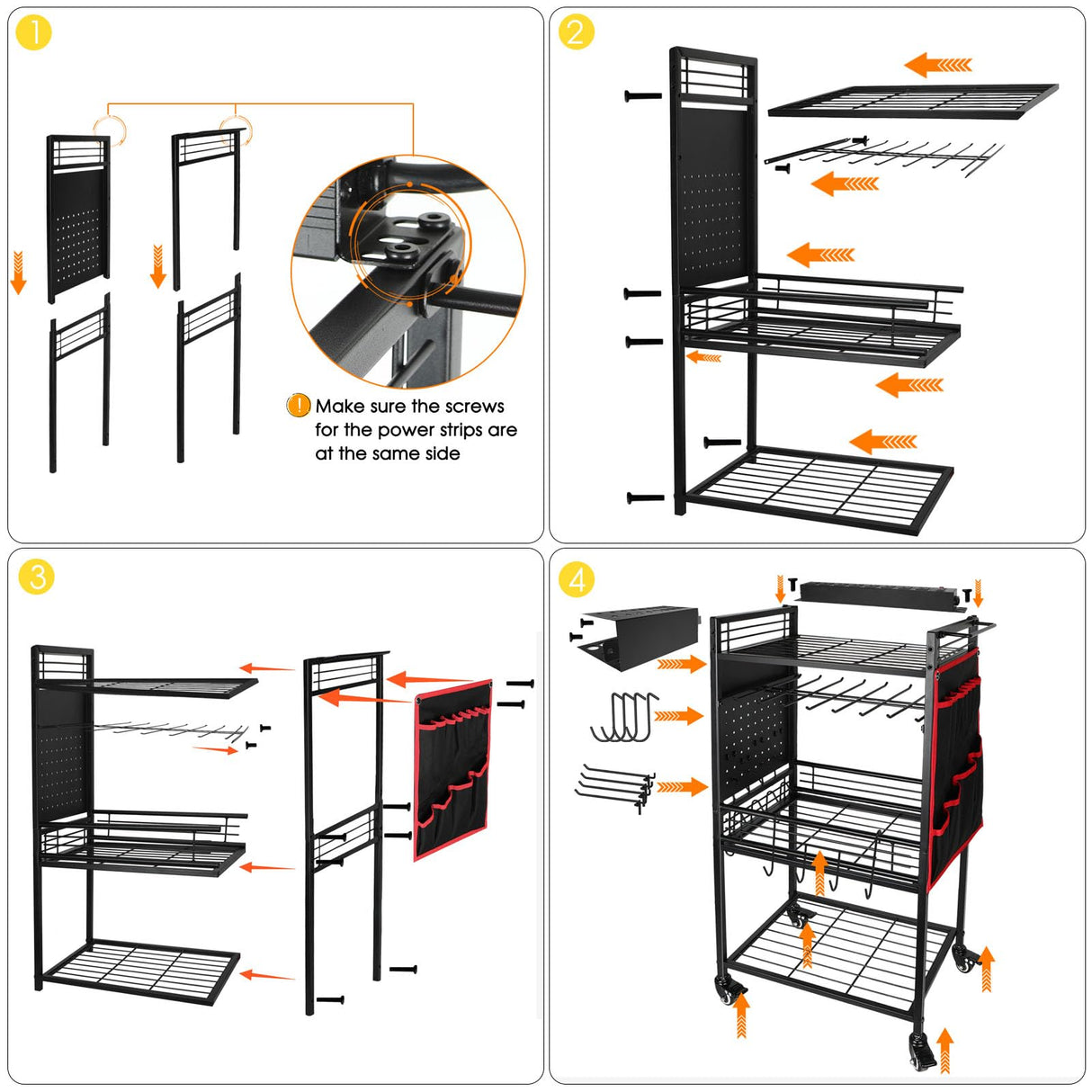 ElecVoztile Garage Power Tool Organizer Cart with Charging Station, Floor Stand Rolling Drill Holder and Tool Battery Storage Cart on Wheels, 3-Layer Utility Rack Shelf with 8 Outlet Power Strip,Black ElecVoztile