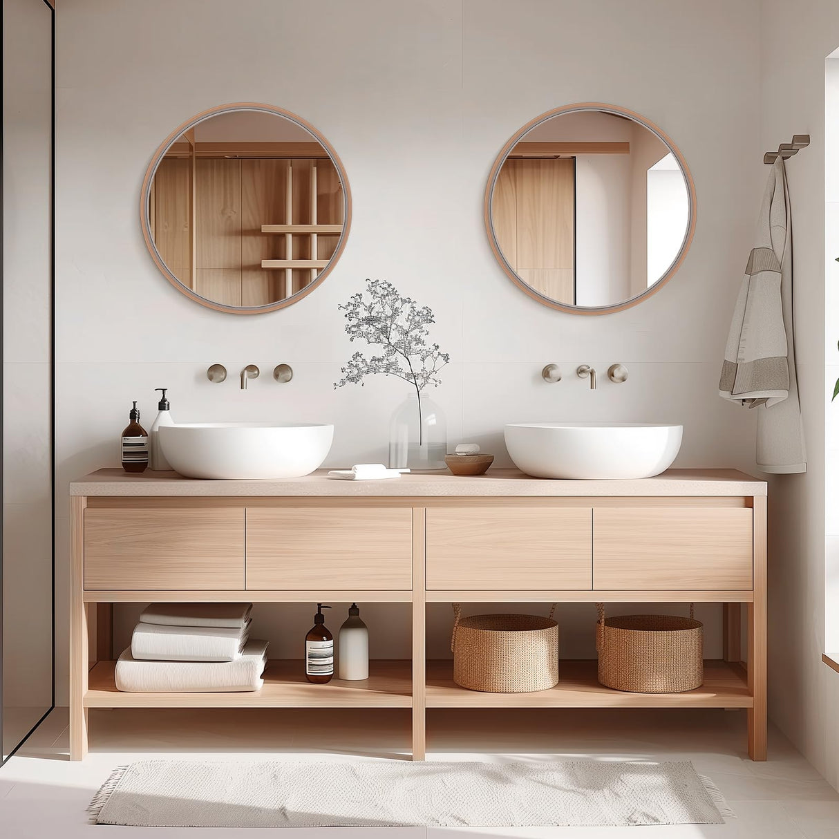 WallBeyond Round Mirror with Wood Frame 24 inch Circle Wall Mirror for Bathroom Round Wall Mirror for Wall Decor, Vanity, Entryway Living Room (Walnut) WallBeyond