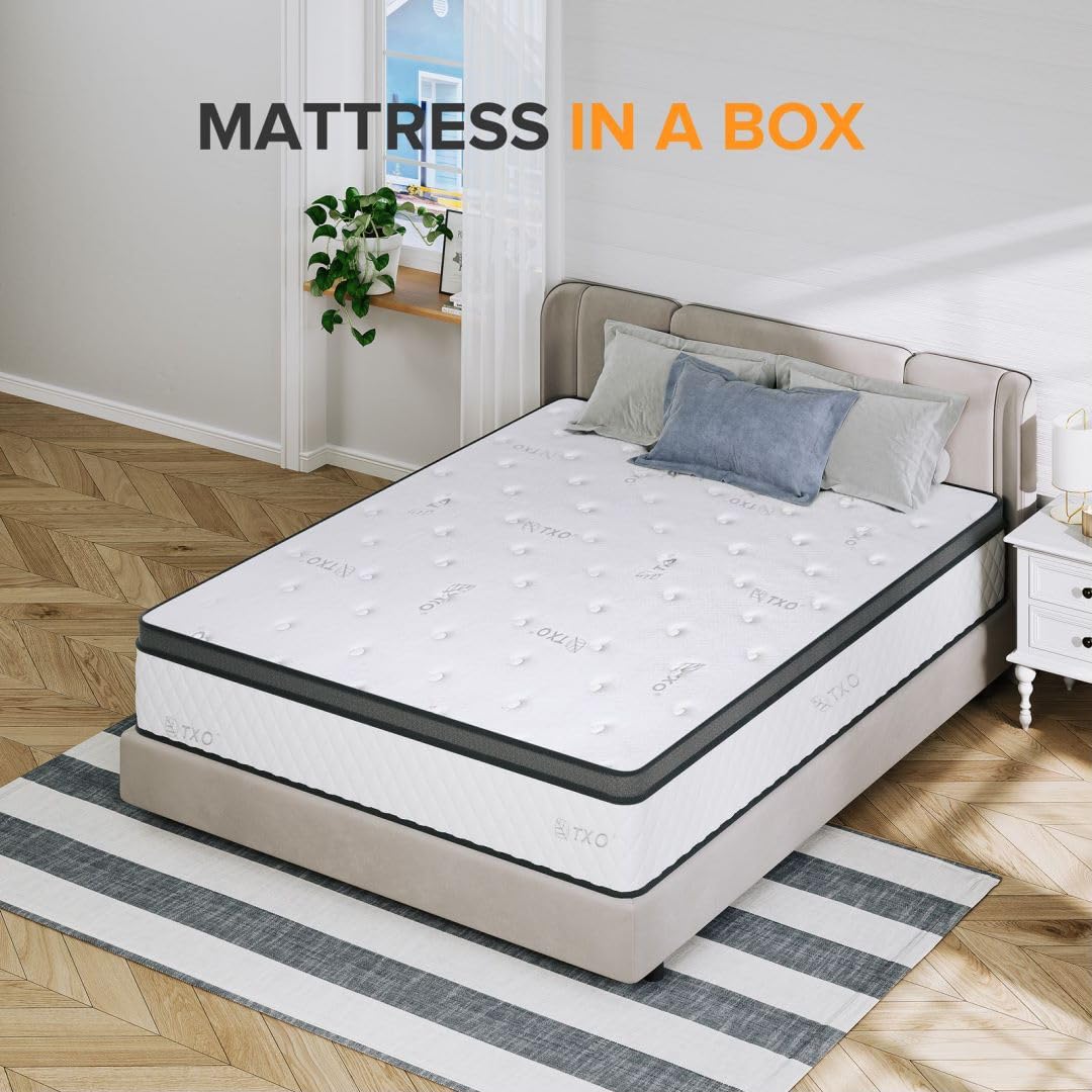 TXO King Size Mattress, 12 Inch Hybrid Mattress with Individual Pocketed Coil Springs and High Density Foam, Edge Support, Edge Support, Motion Isolation, Pressure Relief, Plush King Mattress in a Box