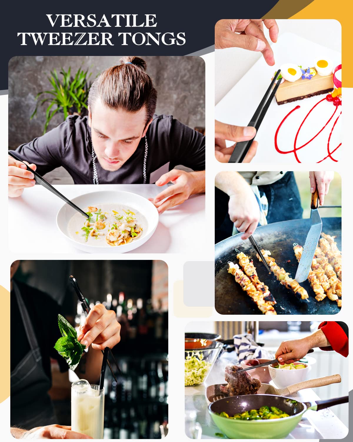 2 Pcs 12-inch Cooking Tweezers Tongs Precision Serrated Tips, Stainless Steel Professional Chef Tweezer Kitchen Tools for BBQ, Plating and Serving (Black) SouxMux