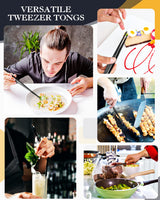 2 Pcs 12-inch Cooking Tweezers Tongs Precision Serrated Tips, Stainless Steel Professional Chef Tweezer Kitchen Tools for BBQ, Plating and Serving (Black) SouxMux