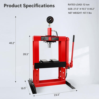 Hydraulic Shop Press, 12Ton H-Frame Garage Shop Benchtop Press with Pressure Gauge & Press Plates, Adjustable Working Table Height Used for Pressing, Bending, and Straightening, Red - WoodArtSupply