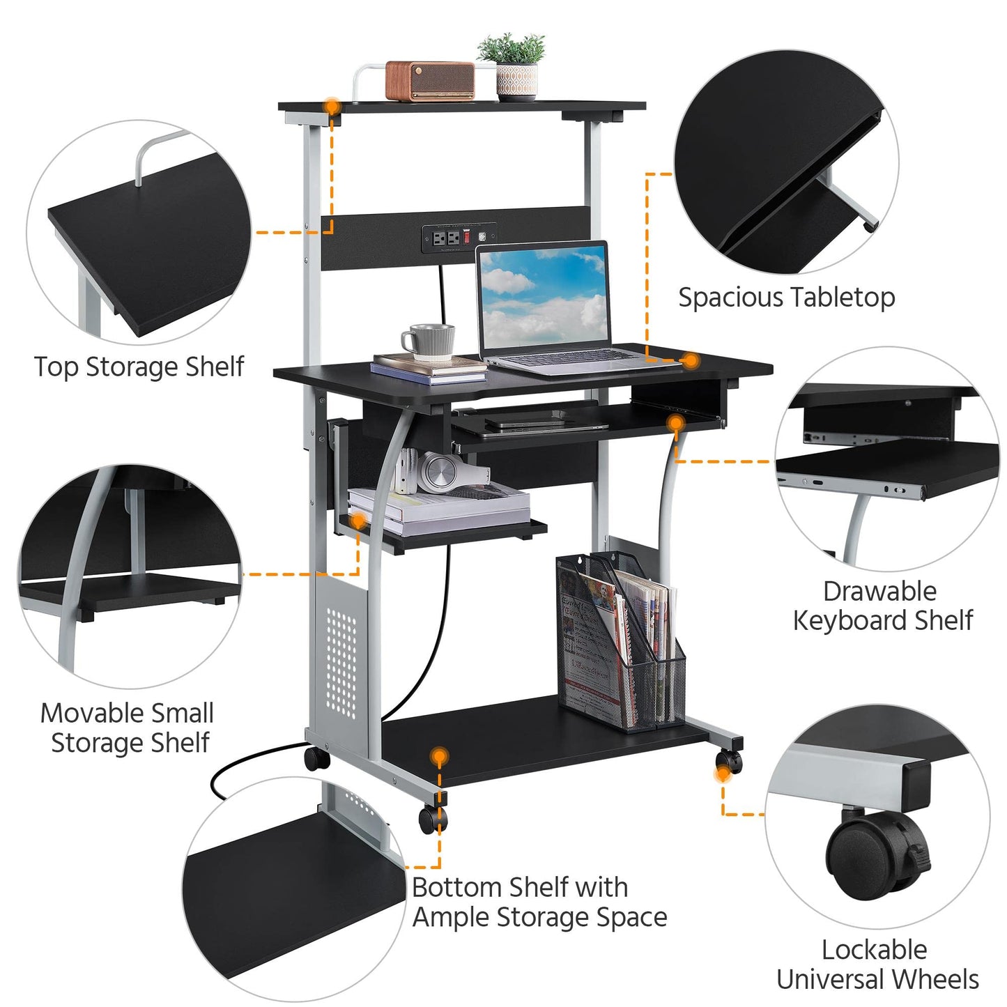 Yaheetech Mobile Home Office Desk with Power Outlet and 2 USB Charging Ports for Studying, 3 Tiers Computer Desk with Keyboard Tray and Charging Station, Rolling PC Laptop Table for Small Space, Black