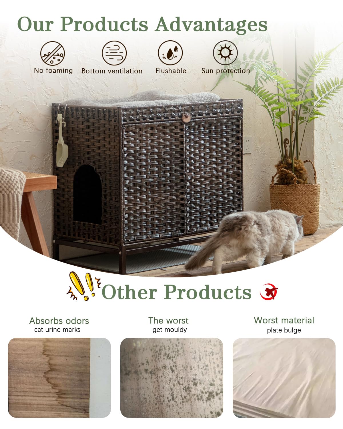 SETVSON Cat Litter Box Enclosure Furniture, Hidden Handwoven Rattan Litter Box with Mat, Large Cat House with Metal Heightened Feet, 30.3 x 18.3 x 28 Inches, Indoor for Living Room, Bedroom Brown SETVSON