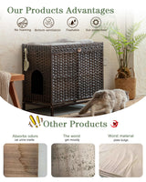 SETVSON Cat Litter Box Enclosure Furniture, Hidden Handwoven Rattan Litter Box with Mat, Large Cat House with Metal Heightened Feet, 30.3 x 18.3 x 28 Inches, Indoor for Living Room, Bedroom Brown SETVSON