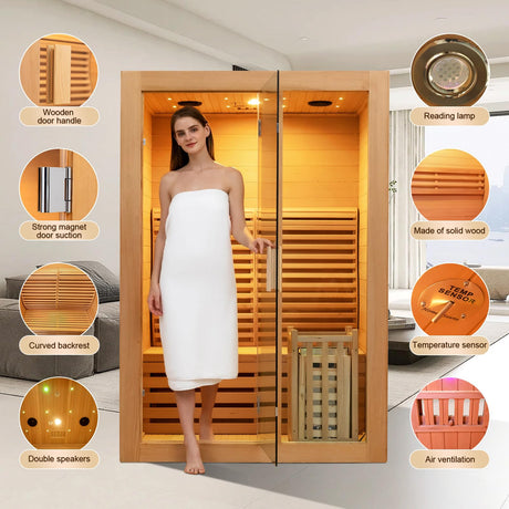 ZONEMEL Wooden Steam Sauna Room, 2 Person Canadian Hemlock Luxurious Indoor Sauna with 3.5 KW Harvia Stove Heater, Bluetooth Speaker, Sauna Stone, Wooden Bucket, Scoop, Reading Light, Hourglass ZONEMEL