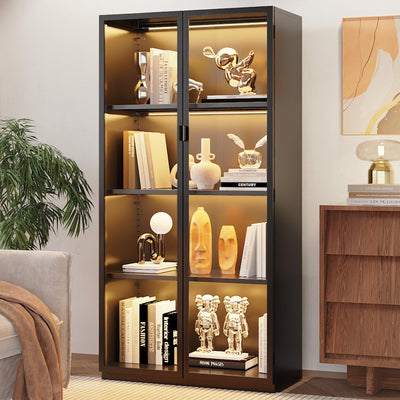 Eltean Display Cabinet with Glass Doors and LED Lights, Glass Display Case with 3 Adjustable Shelves,4 Tier of Storage Space Curio Cabinet for Bedroom Living Room Homeoffice Dining Room