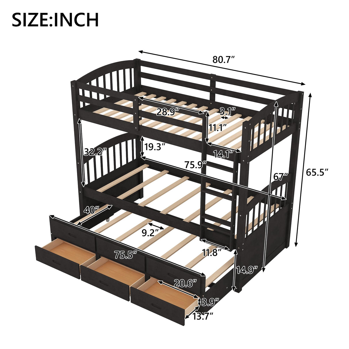 Ball & Cast Twin Over Twin Bunk Bed with Trundle & 3 Drawers, Convertible Solid Wood Bed Frame with Ladder & Full Length Guardrails, Detachable Bunk Beds for Kids,Teens,Space Saving, Espresso Ball & Cast