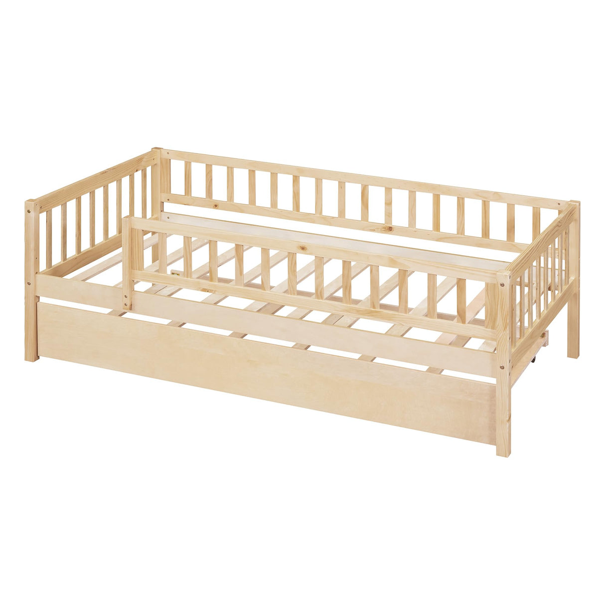 Harper & Bright Designs Twin Daybed with Trundle, Wood Twin Trundle Bed Frame with Fence Rails,Montessori Twin Bed for Kids Girls Boys Bedroom,Guest Room,Living Room,No Box Spring Needed,Natural Harper & Bright Designs