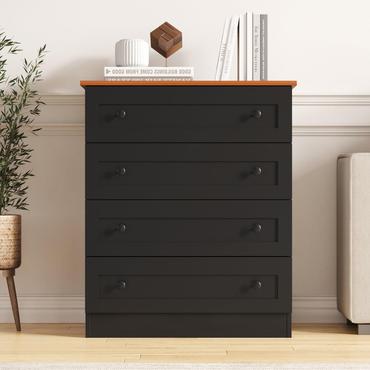 Furnify 4 Drawer Dresser, Black Dresser Modern Storage Chest of Drawers, Farmhouse Storage Cabinet Organizer with 4 Drawers for Living Room, Entryway, Hallway, Black Furnify