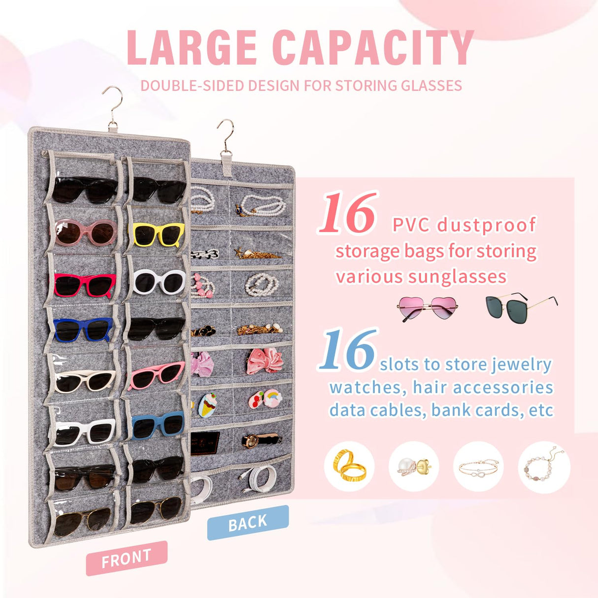 KGMCARE Dual Sided Sunglasses Storage organizer case, Eyeglasses Holder Wall Mounted with 32 Clear Slots & Metal Hook, Dust Proof Sunglasses Storage Case KGMCARE