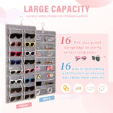 KGMCARE Dual Sided Sunglasses Storage organizer case, Eyeglasses Holder Wall Mounted with 32 Clear Slots & Metal Hook, Dust Proof Sunglasses Storage Case KGMCARE