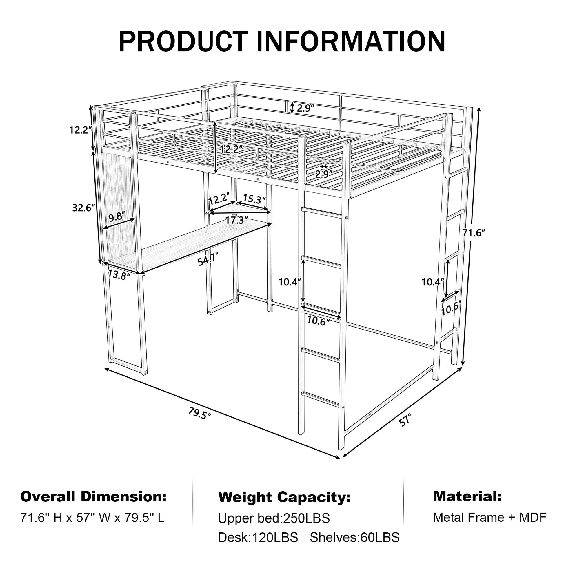 Merax Silver Full Loft Bed with Built-in Desk and Shelves for Efficient Space Utilisation - WoodArtSupply