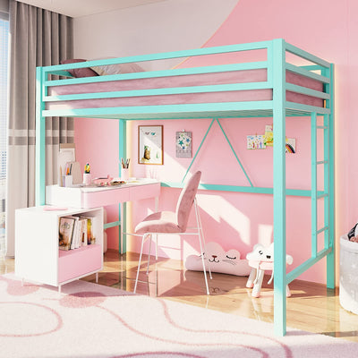 ikalido Aqua Green Twin Metal Loft Bed with Safety Guard, Removable Ladder, and Space-Saving Design